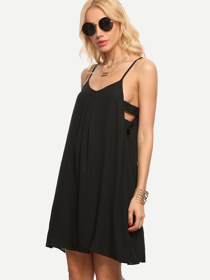 Romwe Ladder-cutout Swing Chiffon Cami Dress - Black