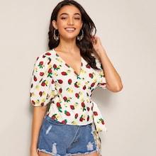 Romwe Strawberry & Flower Print Wrap Knotted Blouse
