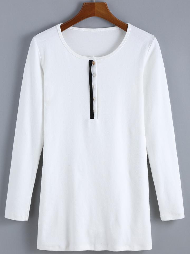 Romwe Long Sleeve Buttons White T-shirt