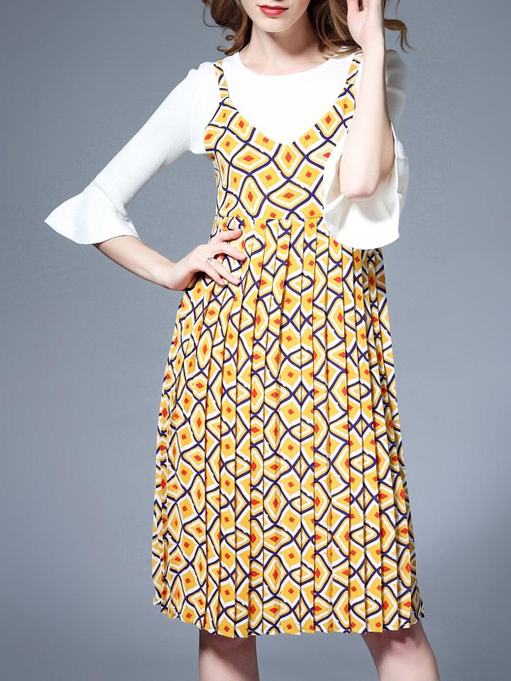 Romwe Yellow Bell Sleeve Pleated Print Two-piece Dress