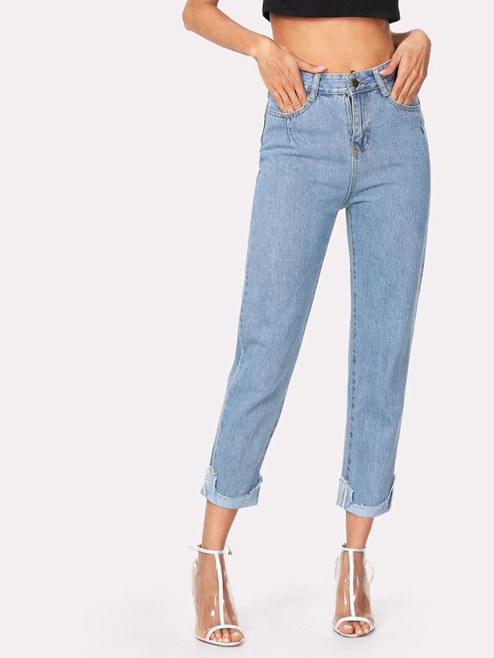 Romwe Roll Up Frayed Hem Jeans