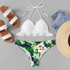 Romwe Crochet Top With Floral Mix & Match Bikini Set