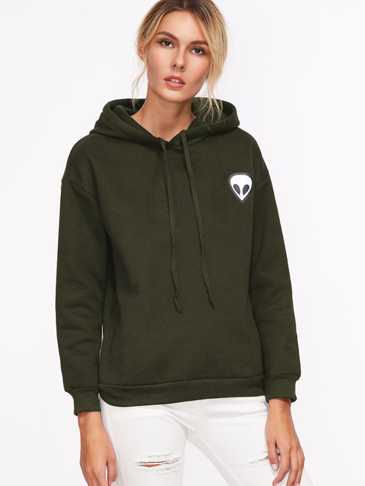Romwe Army Green Alien Print Hooded Sweatshirt