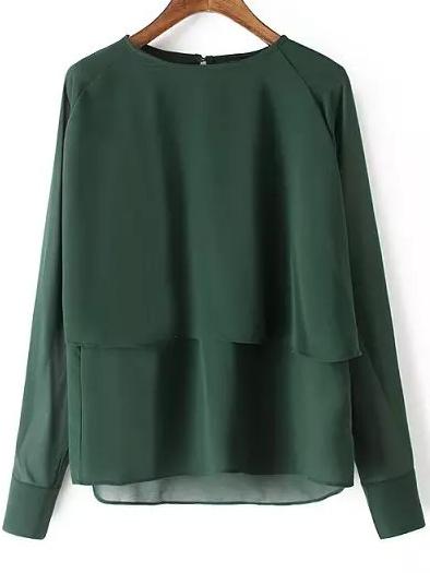 Romwe High Low Double Layers Chiffon Dark Green Blouse