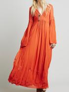 Romwe Deep V Neck Embroidered Maxi Red Dress