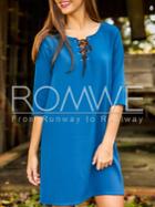 Romwe Blue Lace Up Neck Shift Dress