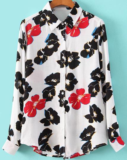 Romwe Floral Lapel Loose White Blouse
