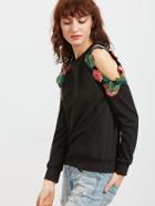 Romwe Black Embroidered Flower Applique Cold Shoulder Sweatshirt