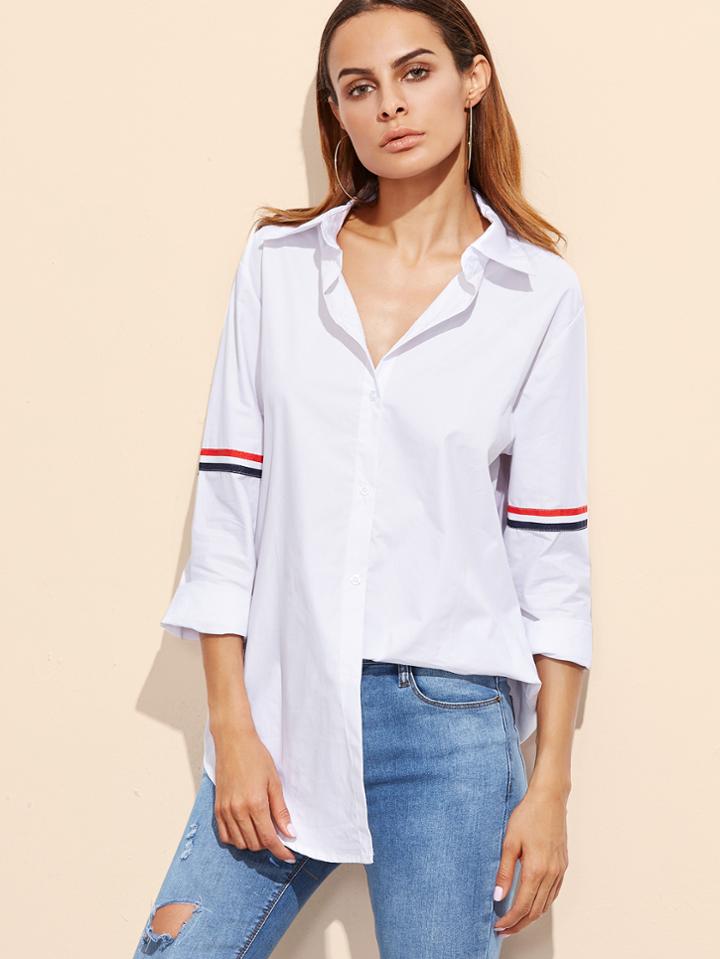 Romwe White Striped Trim Curved Hem Shirt