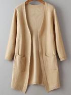 Romwe Khaki Portrait Print Pocket Longline Cardigan