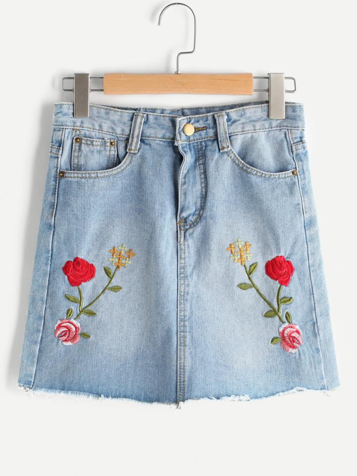 Romwe Floral Embroidered Raw Cut Fray Hem Skirt