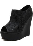 Romwe Black Side Zipper Rhinestone Peep Toe Wedges Pumps