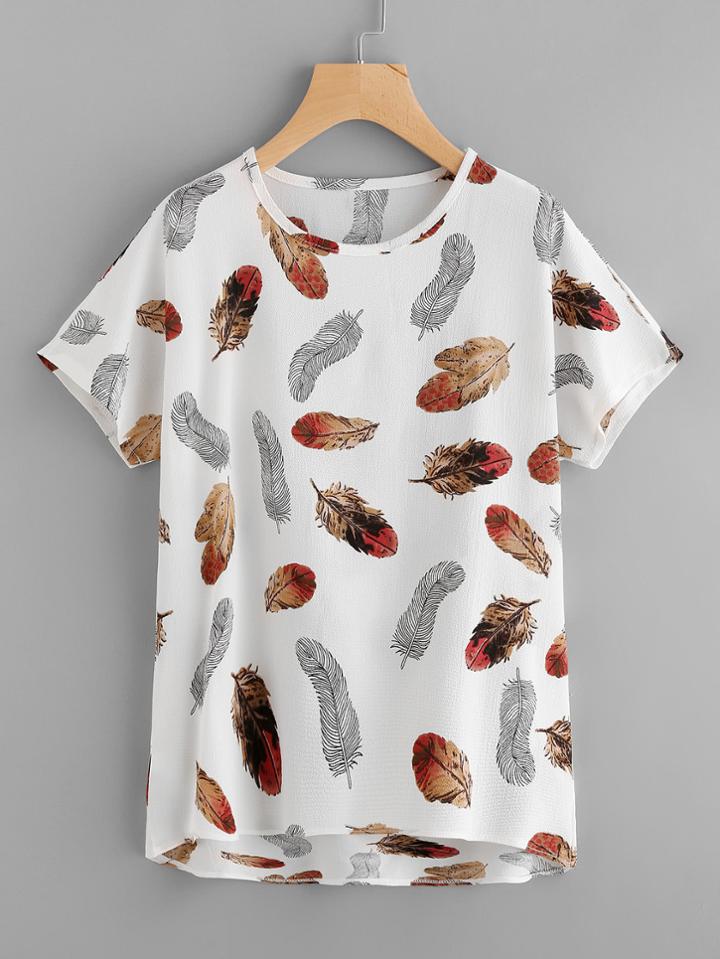 Romwe All Over Feather Print Dip Hem Chiffon Top