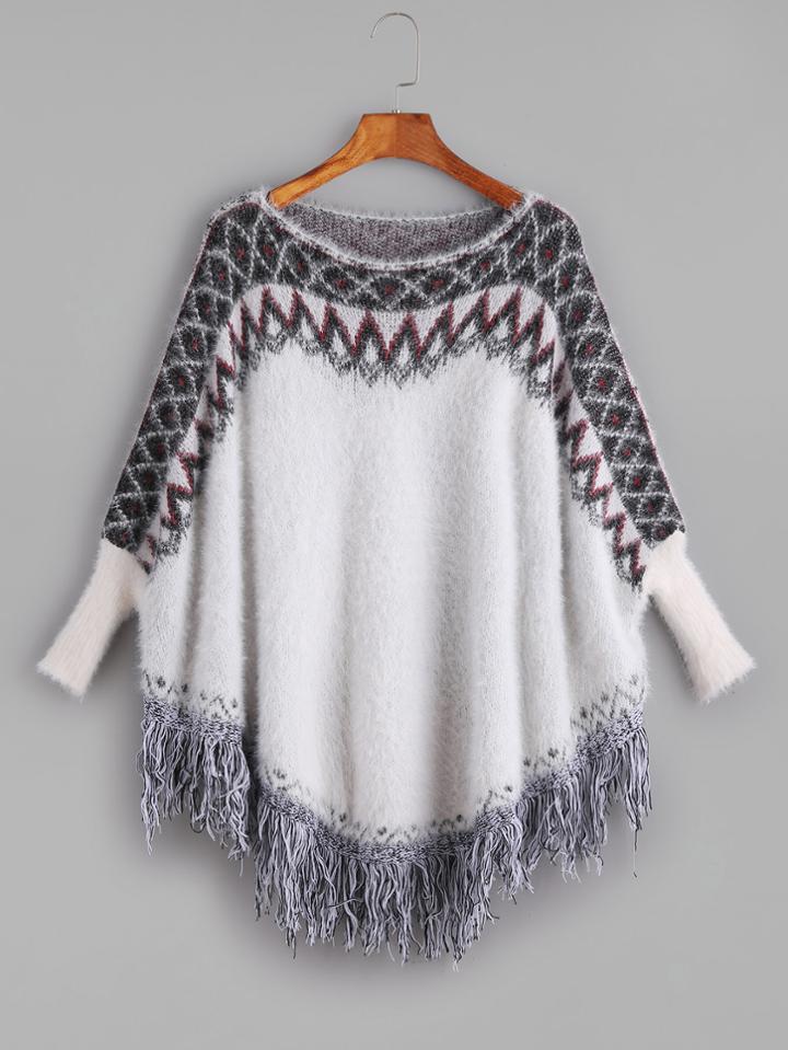 Romwe White Geometric Pattern Fringe Hem Fuzzy Poncho Sweater