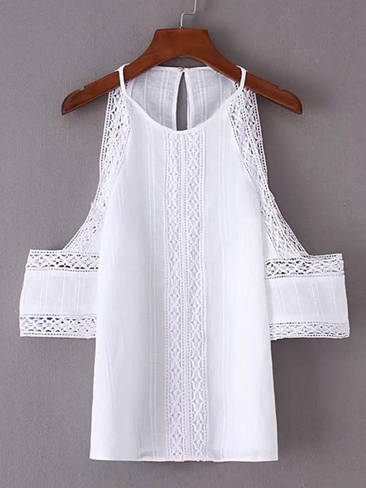 Romwe Open Shoulder Crochet Trim Keyhole Back Top