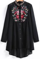 Romwe Black Long Sleeve Embroidered Dipped Hem Blouse