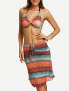Romwe Colorful Wave Print 3pcs Bikini Set