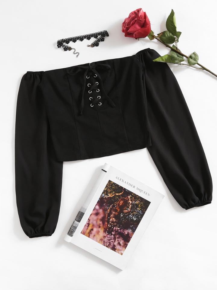Romwe Off Shoulder Eyelet Lace Up Front Crop Tee