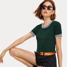 Romwe Striped Tape Panel Ribbed Tee