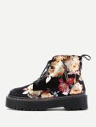 Romwe Calico Print Velvet Lace Up Ankle Boots