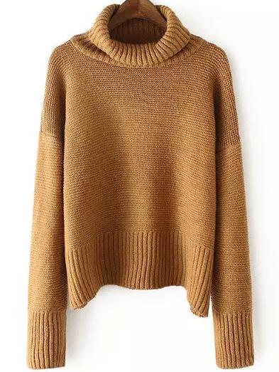 Romwe Turtleneck Dropped Shoulder Seam Khaki Jumper