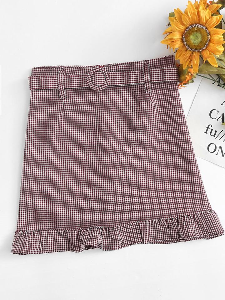 Romwe Zip Up Back Self Tie Waist Frill Hem Skirt
