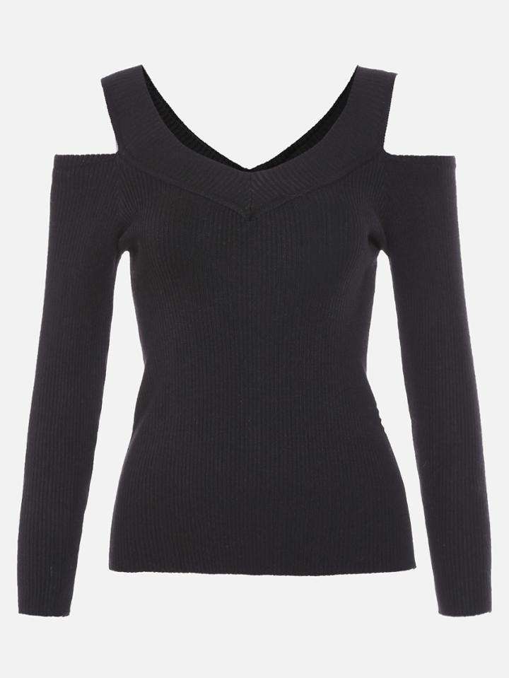 Romwe Black Open Shoulder Ribbed Tight Knitwear