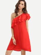 Romwe Red Ruffle One Shoulder Shift Dress