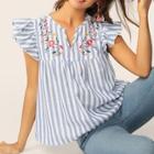 Romwe V-cut Neck Ruffle Armhole Floral Embroidered Top