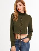 Romwe Olive Green High Neck Lace Up Crop Sweatshirt