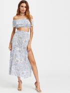 Romwe Bardot Floral Print Crop Top With Slit Side Skirt