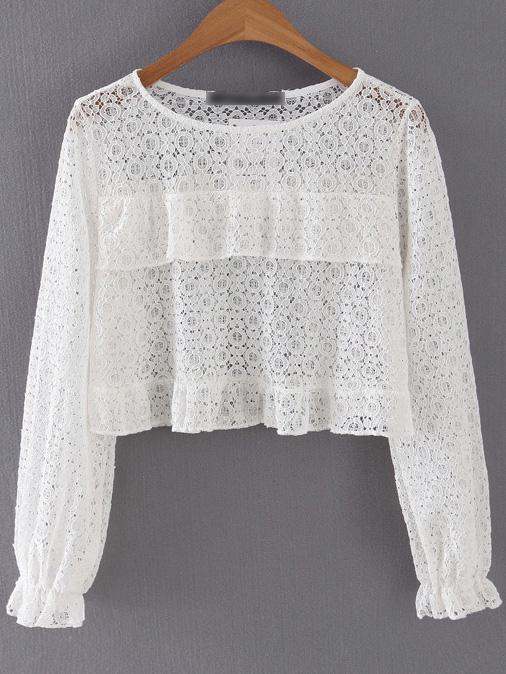 Romwe White Round Neck Long Sleeve Ruffle Lace Blouse