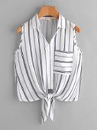 Romwe Stripe Knot Front Top With Chest Pocket
