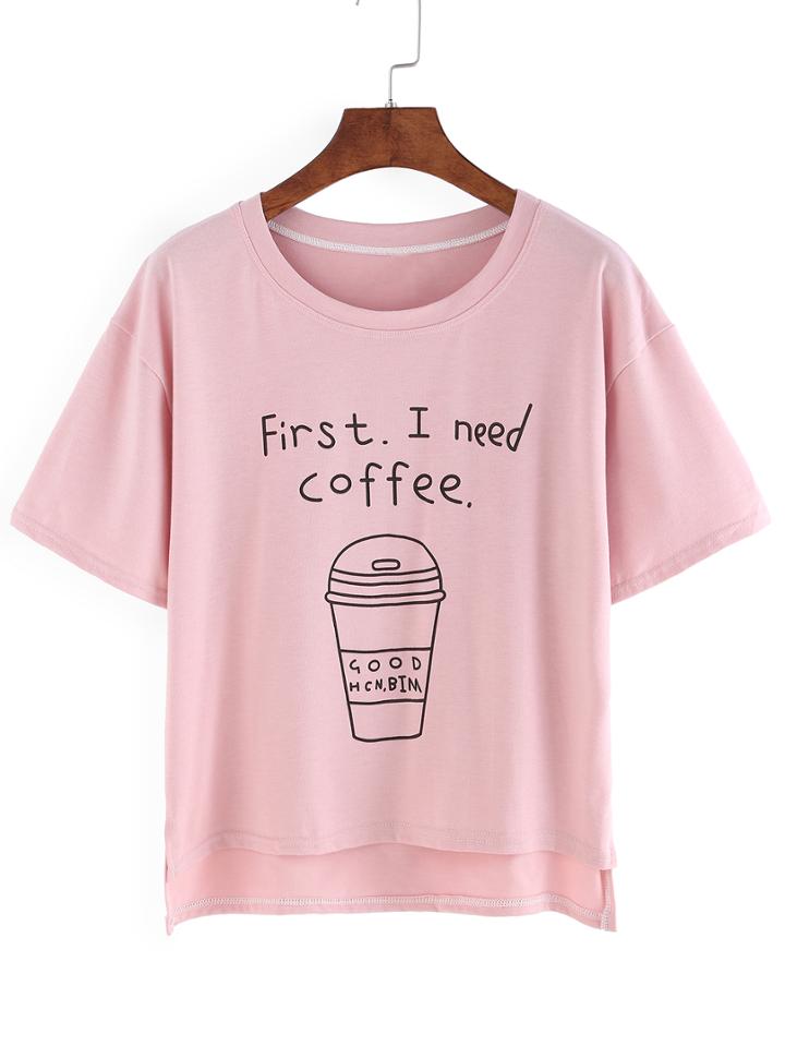 Romwe Coffee Cup Print High Low T-shirt