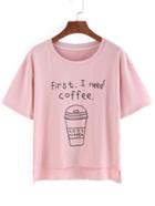Romwe Coffee Cup Print High Low T-shirt