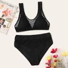 Romwe Fishnet Overlay Top With High Waist Bikini Set