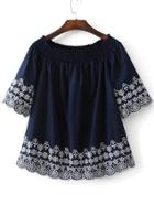 Romwe Navy Embroidery Scalloped Trim Off The Shoulder Blouse