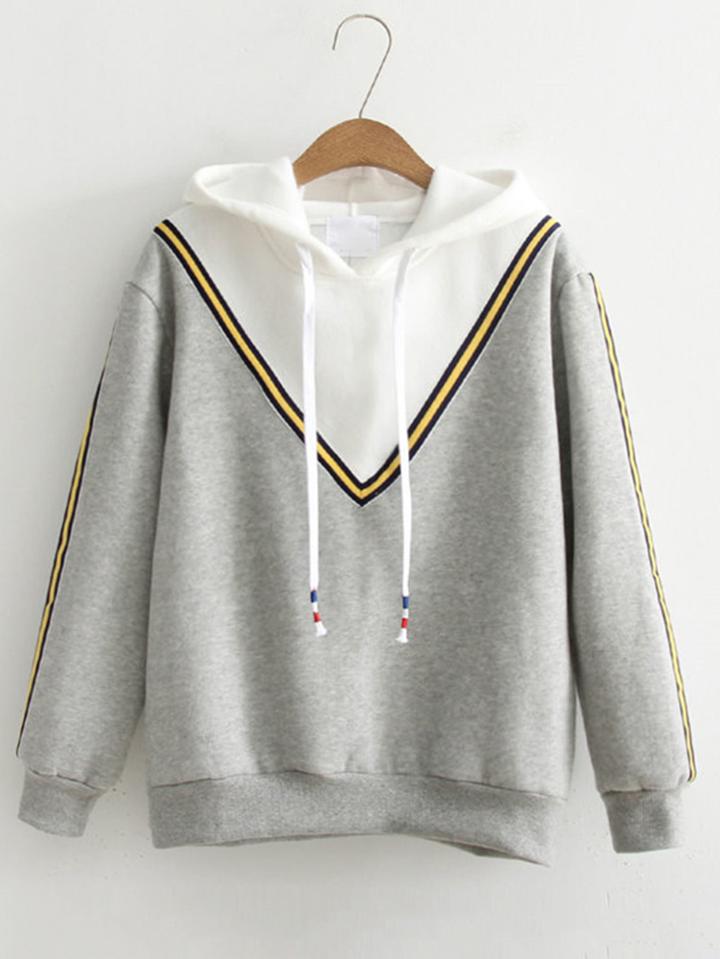 Romwe Striped Detail Chevron Hoodie