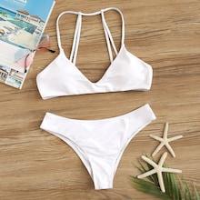 Romwe Strappy Back Top With Stitch Trim Bikini Set