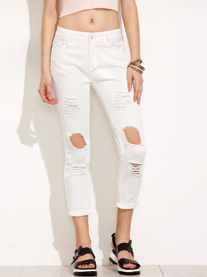 Romwe White Distressed Skinny Jeans