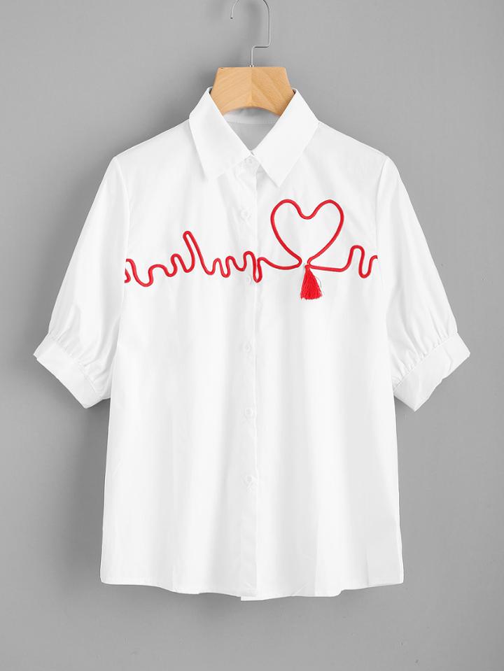 Romwe Ecg Wave Embroidery Tassel Detail Shirt