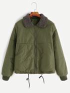 Romwe Army Green Sherpa Collar Drawstring Hem Zipper Jacket