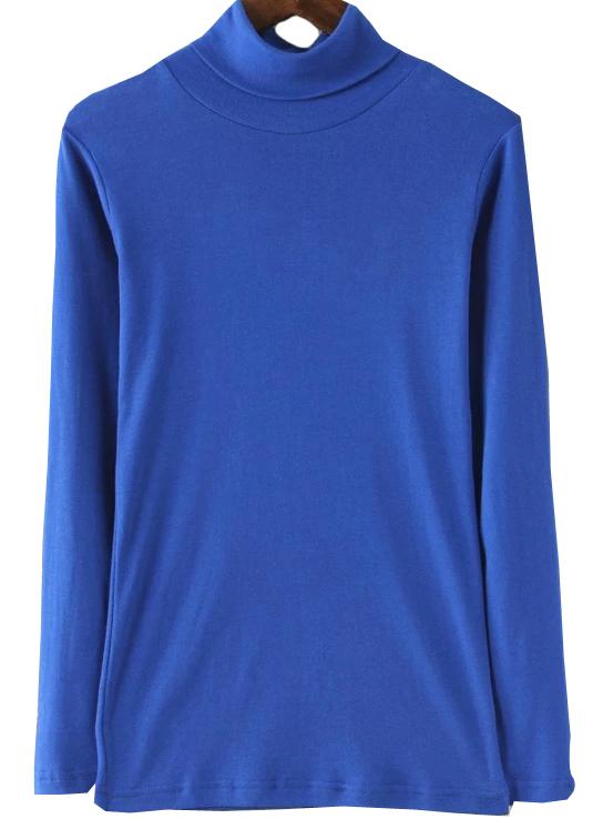 Romwe High Neck Long Sleeve Slim Blue T-shirt