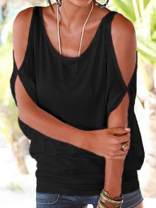 Romwe Black Cutout Shoulder Keyhole Tie-back T-shirt