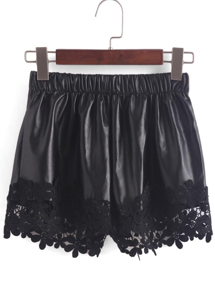 Romwe Lace Insert Pu Shorts