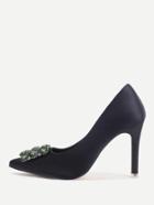 Romwe Black Crystal Flower Point Toe Satin Heels