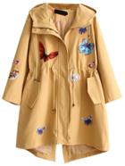 Romwe Khaki Butterfly Embroidered Drawstring Waist Hooded Coat