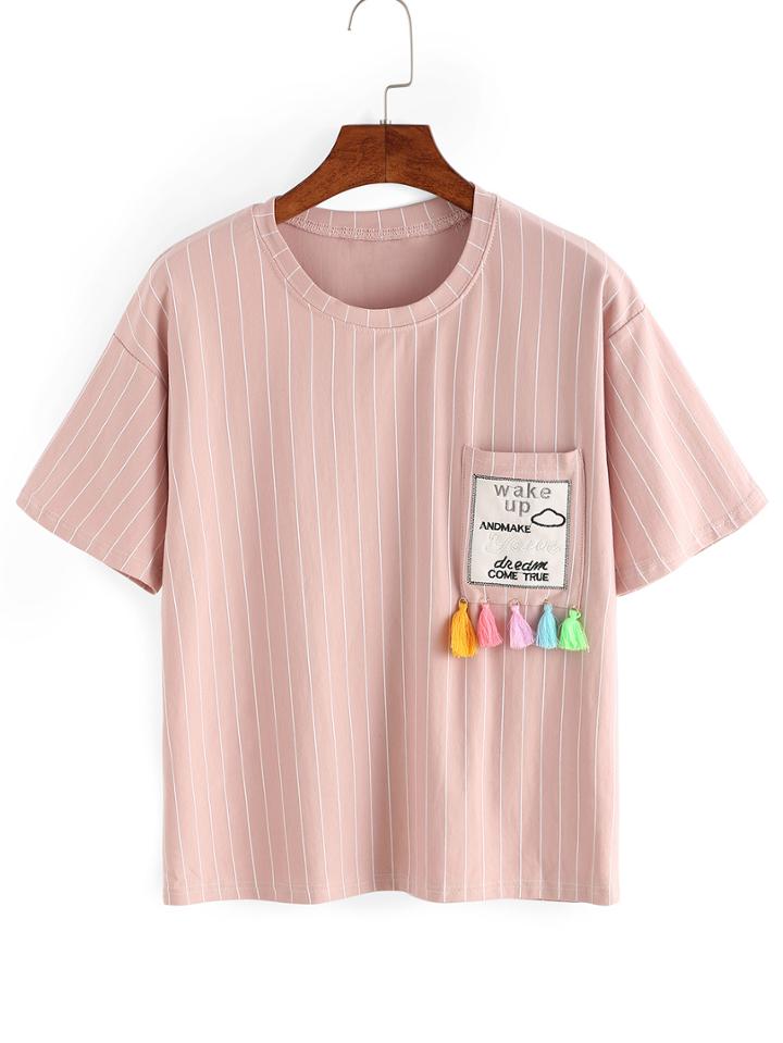 Romwe Vertical Striped Tassel Trimmed Pocket T-shirt