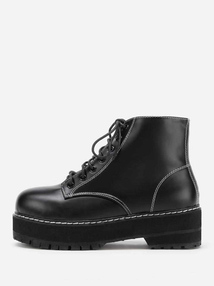 Romwe Stitch Detail Lace Up Pu Boots