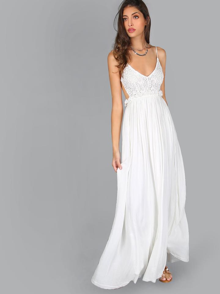 Romwe Lace Overlay Backless Pleated Maxi Dress